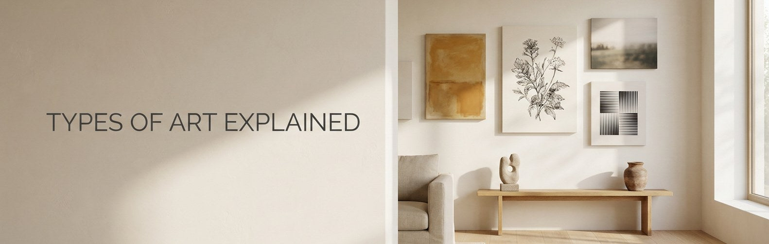 Types of art shown as abstract, botanical, landscape and geometric canvases on one wall