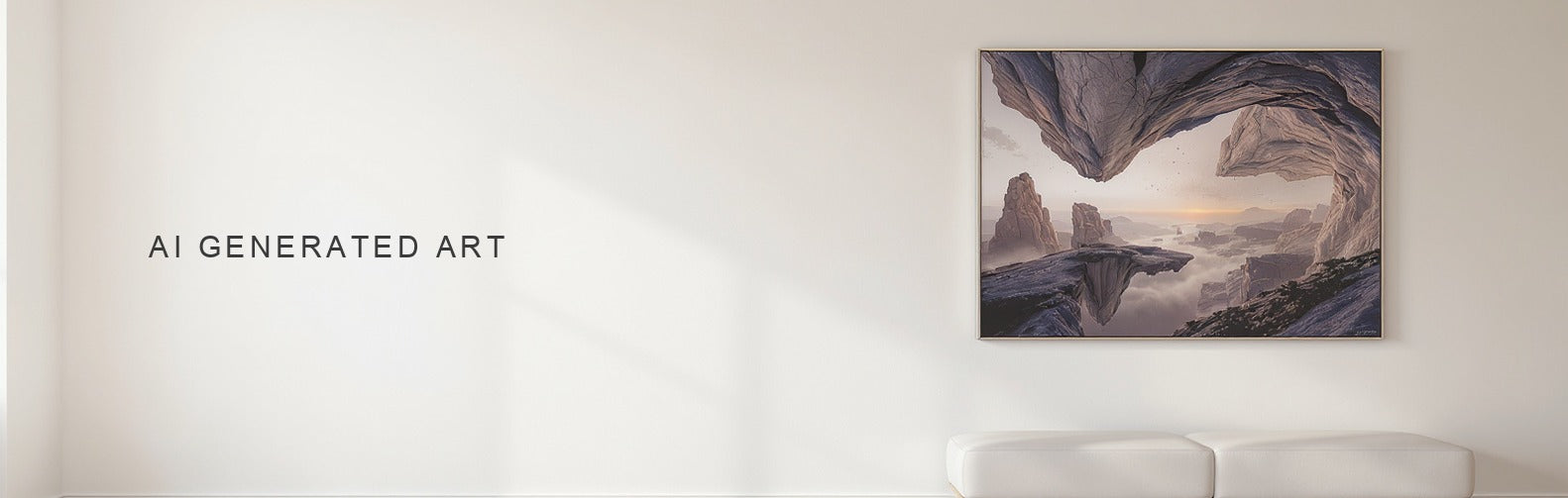 AI generated art on canvas: an impossible floating landscape in soft gradient light above a pale bench