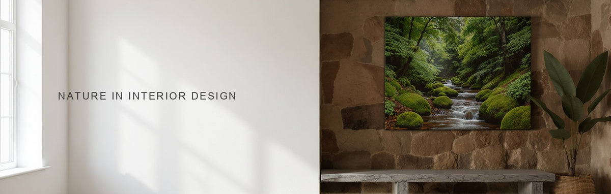 Nature in interior design: a mossy forest stream canvas above a bench with raw timber and stone
