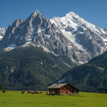 Alps Wall Art canvas print, the Alps, a wall of snow peaks above a green meadow with a wooden chalet and grazing cattle