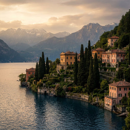 Lake Como Wall Art canvas print, Lake Como in Italy, pastel lakeside villas and cypress gardens on a steep shore below