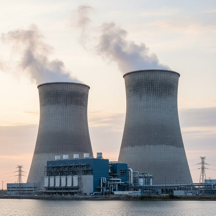 Nuclear Wall Art canvas print, a nuclear power station, twin cooling towers with drifting steam under a pale dawn sky
