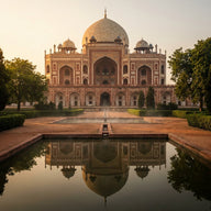 Delhi Wall Art canvas print, the red sandstone arches and dome of Humayun's tomb across formal Mughal water gardens at warm