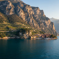 Lake Garda Wall Art canvas print, Lake Garda in Italy, deep blue water below sheer cliffs with terraced lemon groves