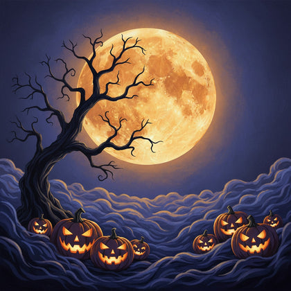 Halloween Wall Art canvas print, a Halloween artwork, a crooked silhouetted tree and a full harvest moon over a misty field