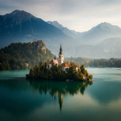 Lake Bled Wall Art canvas print, Lake Bled in Slovenia, the small island church with its spire on emerald water