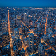 City Wall Art canvas print, a dense city at blue hour seen from above