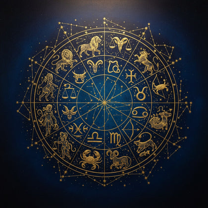 Astrology Wall Art canvas print, a celestial astrological chart, a golden zodiac wheel of constellation figures and star