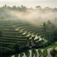 Bali Wall Art canvas print, terraced emerald rice paddies stepping down a valley with palms
