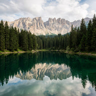 Lake Carezza Wall Art canvas print, Lake Carezza in the Dolomites, a small emerald lake ringed by dark spruce with the pale