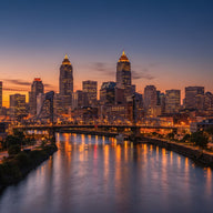 Cleveland Wall Art canvas print, the skyline and lift bridges along the Cuyahoga river at dusk