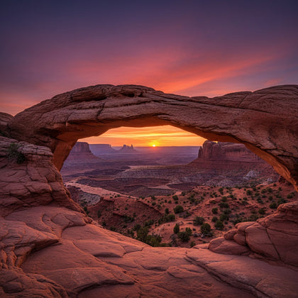 Utah Wall Art canvas print, a sandstone arch framing red rock desert and distant mesas at sunset