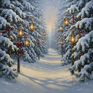 Holiday Wall Art canvas print, a festive winter holiday artwork, snow-laden pines with warm lantern light and drifting snow