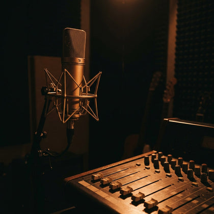 Music Wall Art canvas print, a recording studio, a vintage condenser microphone and mixing desk faders lit by low amber light