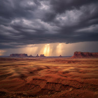 Oklahoma Wall Art canvas print, red earth prairie and mesas under a dramatic storm sky with shafts of light breaking