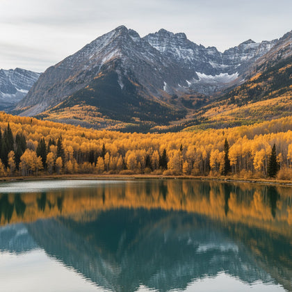 Colorado Wall Art canvas print, jagged snow-streaked Rocky Mountain peaks above a golden aspen grove and an alpine lake