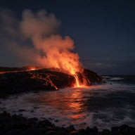 Hawaii Wall Art canvas print, molten lava meeting the ocean at night in bursts of steam and orange light against black rock