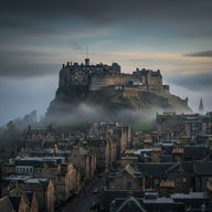 Edinburgh Wall Art canvas print, the castle on its black volcanic crag above the old town rooftops with mist and moody