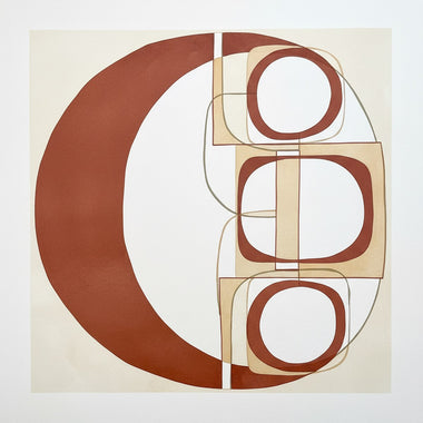 Framed Prints wall art, a print-shop style artwork with crisp graphic shapes in muted ink, terracotta and bone with generous white space