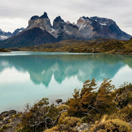 Lake Pehoe Wall Art canvas print, Lake Pehoe in Torres del Paine, milky turquoise water below the dark banded Cuernos peaks