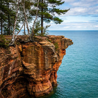 Michigan Wall Art canvas print, colored sandstone cliffs above the clear blue water of a Great Lake with birch and pine