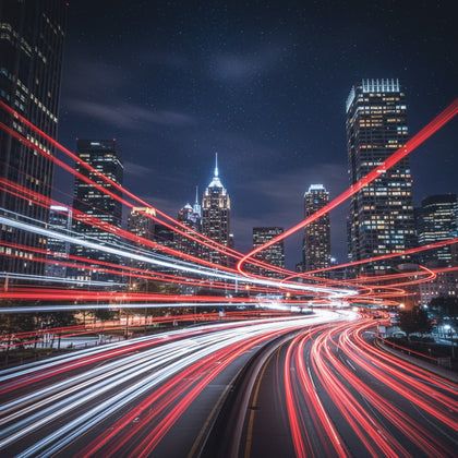 Citylights Wall Art canvas print, a city, ribbons of red and white traffic light streaming between lit towers