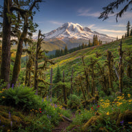 Washington State Wall Art canvas print, a mossy old growth rainforest and a snow-capped volcano above wildflower meadows