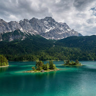 Lake Eibsee Wall Art canvas print, Lake Eibsee in Bavaria, brilliant turquoise water with small wooded islands below