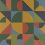 Geometric Wall Art canvas print, hard edged triangles, circles and rectangles in a considered palette