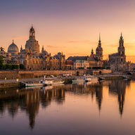 Dresden Wall Art canvas print, the baroque domes and sandstone facades of the old town along the Elbe at warm sunset