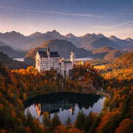 Bavaria Wall Art canvas print, a fairytale castle on a forested crag above an alpine lake with the Alps behind in autumn