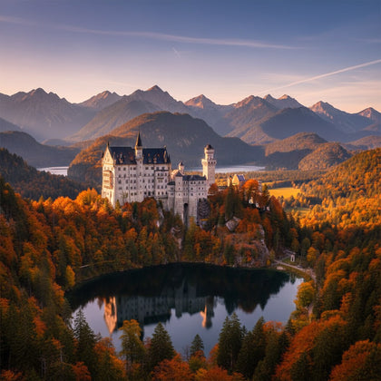 Bavaria Wall Art canvas print, a fairytale castle on a forested crag above an alpine lake with the Alps behind in autumn