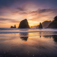 Oregon Wall Art canvas print, the Oregon coast, sea stacks in the surf at sunset with wet reflective sand and misty headlands