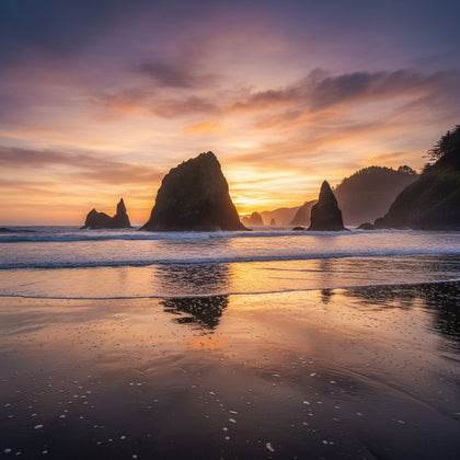 Oregon Wall Art canvas print, the Oregon coast, sea stacks in the surf at sunset with wet reflective sand and misty headlands