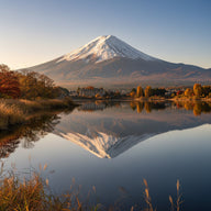 Lake Yamanaka Wall Art canvas print, Lake Yamanaka in Japan, the snow-capped cone of Mount Fuji mirrored in still water