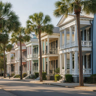 Charleston Wall Art canvas print, a row of pastel colonial houses with columned piazzas and palmettos under soft southern