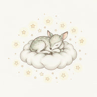 Nursery Wall Decor canvas print, a gentle nursery illustration, a sleeping fawn among soft round clouds and tiny stars