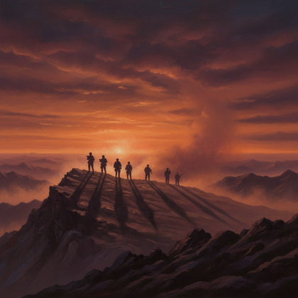 Military Wall Art canvas print, a dignified military artwork, silhouetted soldiers on a ridge at dusk against a burnt sky