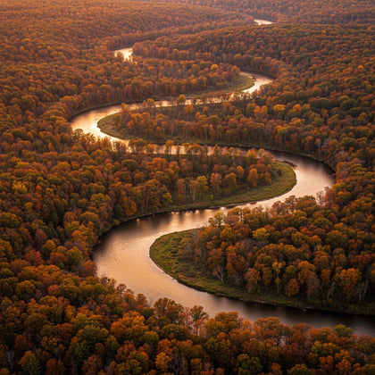 River Wall Art canvas print, a broad river winding in slow curves through a wooded valley