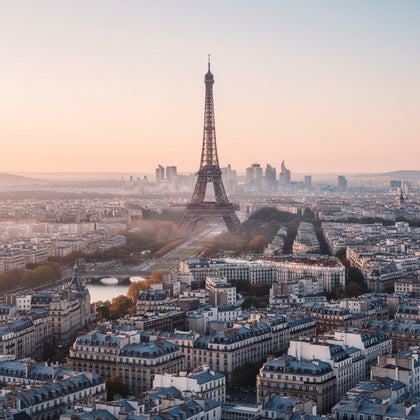 France Wall Art canvas print, Paris in France, the Eiffel Tower above Haussmann rooftops at dawn