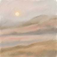 Bedroom Wall Art canvas print, misted rolling hills at first light, layered bands of warm oat