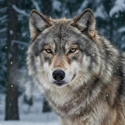 Wolf Wall Art canvas print, a gray wolf in falling snow, thick winter coat