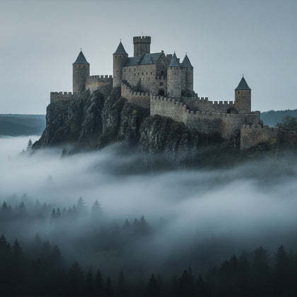 Castle Wall Art canvas print, a stone castle on a rocky outcrop, round towers and battlements