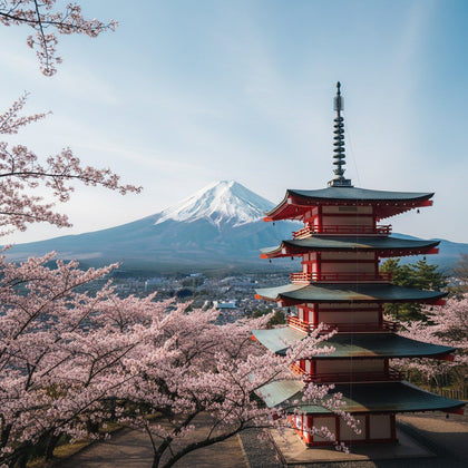 Japanese Wall Art canvas print, Japan, Mount Fuji's snow cone above a foreground of pink cherry blossom and a red
