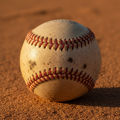 Baseball Wall Art canvas print, a baseball, worn leather and red stitching in close crop on warm infield dirt