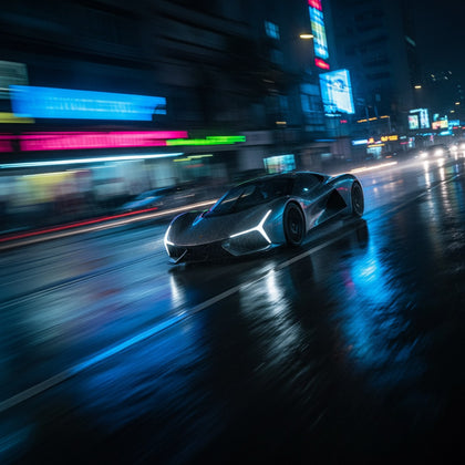 Car Wall Art canvas print, a low sports car on a wet road at night, sculpted body panels catching neon reflections