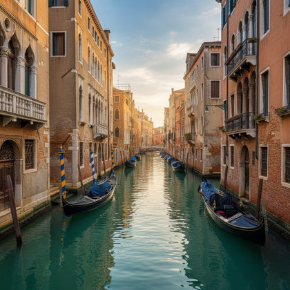 Italy Wall Art canvas print, Venice, a narrow canal of faded ochre and rose palazzi with gondolas moored at striped poles
