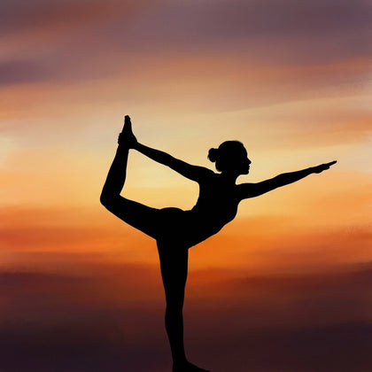 Yoga Wall Art canvas print, a figure in a balanced yoga pose in soft silhouette