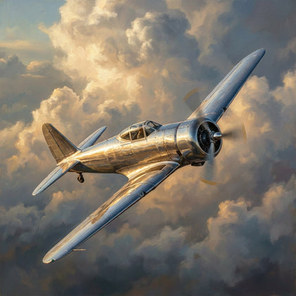 Aviation Wall Art canvas print, a vintage propeller aircraft banking against a cloudscape