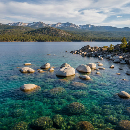Lake Tahoe Wall Art canvas print, extraordinarily clear water over pale granite boulders shading from emerald to deep blue